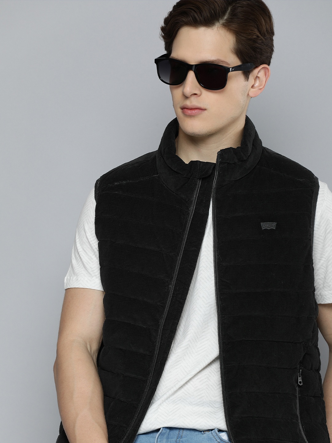 

Levis Men Black Solid Sleeveless Stand Collared Padded Jacket