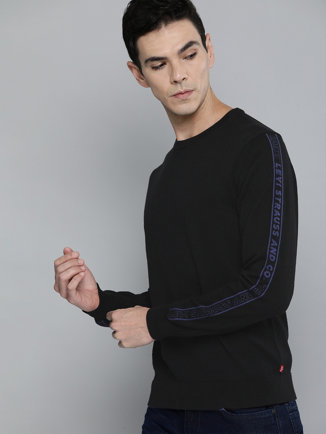 

Levis Men Black Pure Cotton Pullover with Side Stripes
