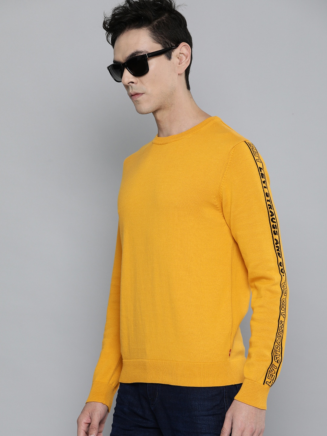 

Levis Men Mustard Yellow Pure Cotton Pullover with Side Stripes