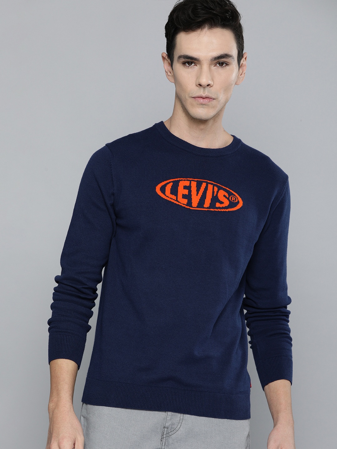 

Levis Men Navy Blue & Orange Brand Logo Self-Design Pullover