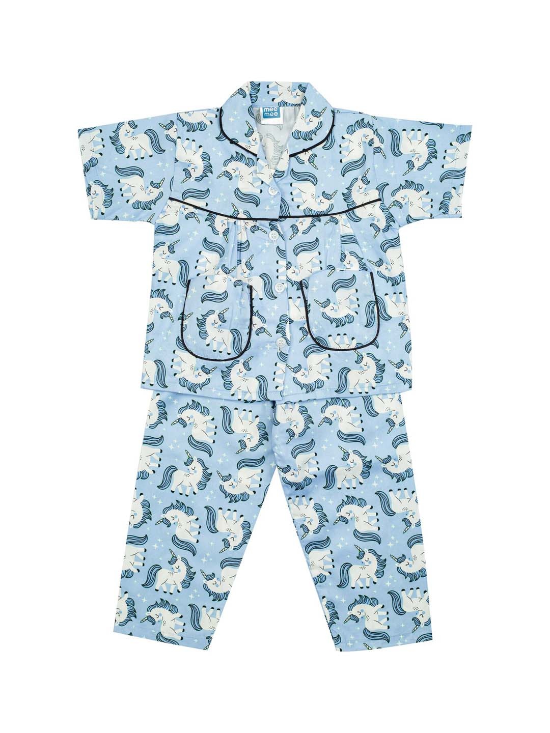 

MeeMee Girls Blue & White Printed Night suit