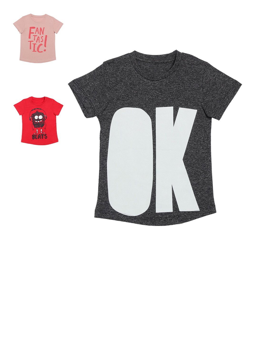

DOOR74 Girls Multicoloured Pack of 3 Typography Printed T-shirts, Multi