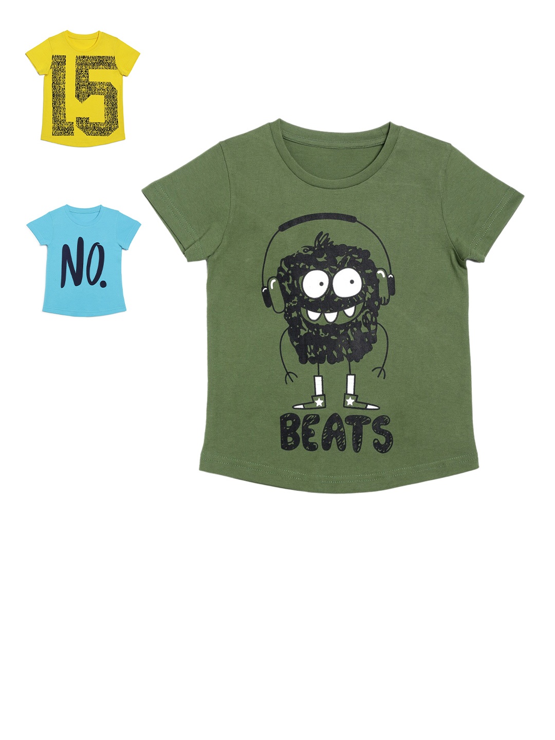 

DOOR74 Girls Pack of 3 Printed Round Neck T-shirts, Olive