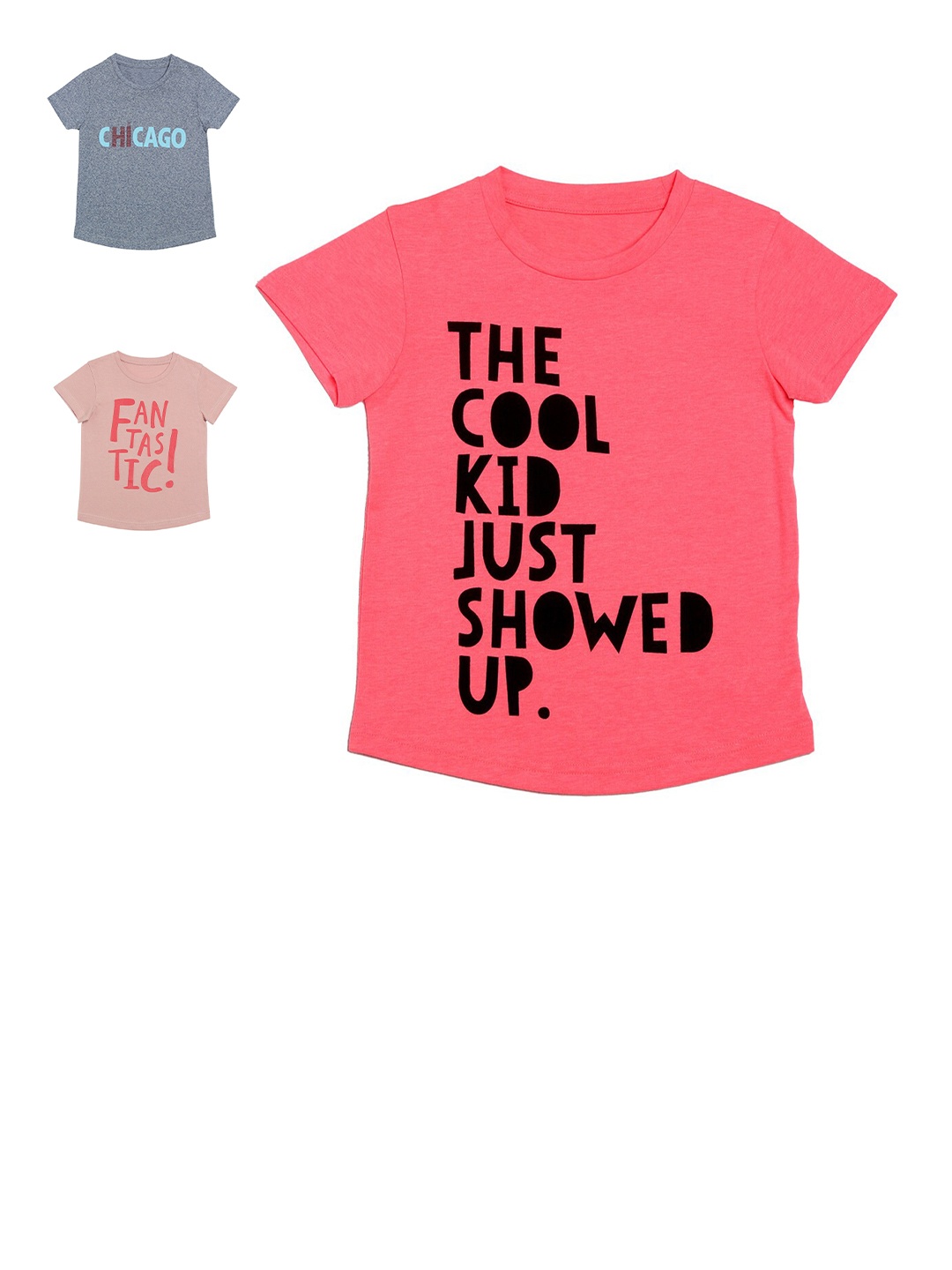 

DOOR74 Girls Multicoloured Pack of 3 Typography Printed T-shirts, Multi