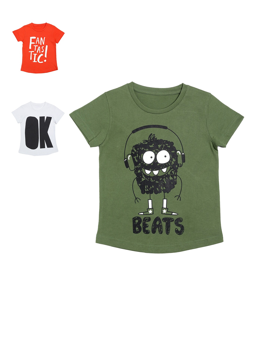 

DOOR74 Boys Pack of 3 Printed T-shirt, Olive