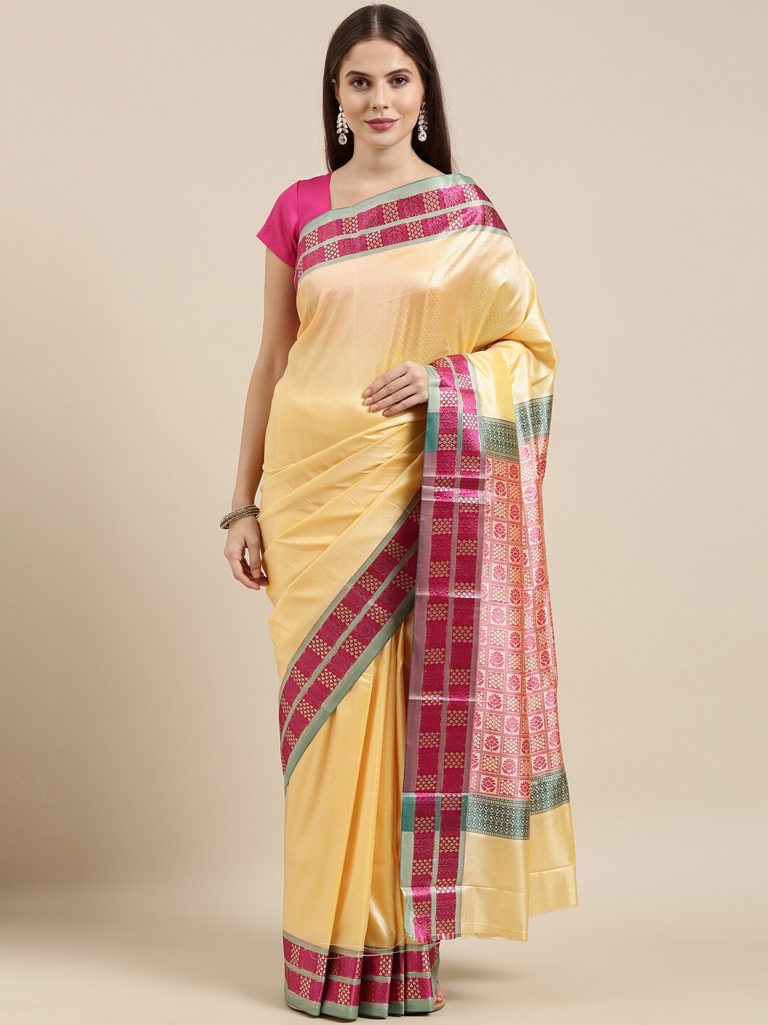 

The Chennai Silks Yellow & Pink Art Silk Saree