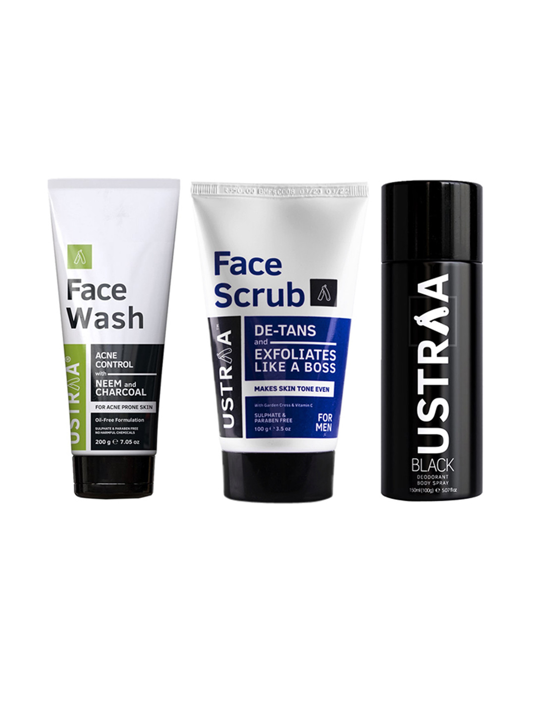 

Ustraa Men Acne Control Face Wash De-Tan Face Scrub & Black Deodorant Body Spray, Green
