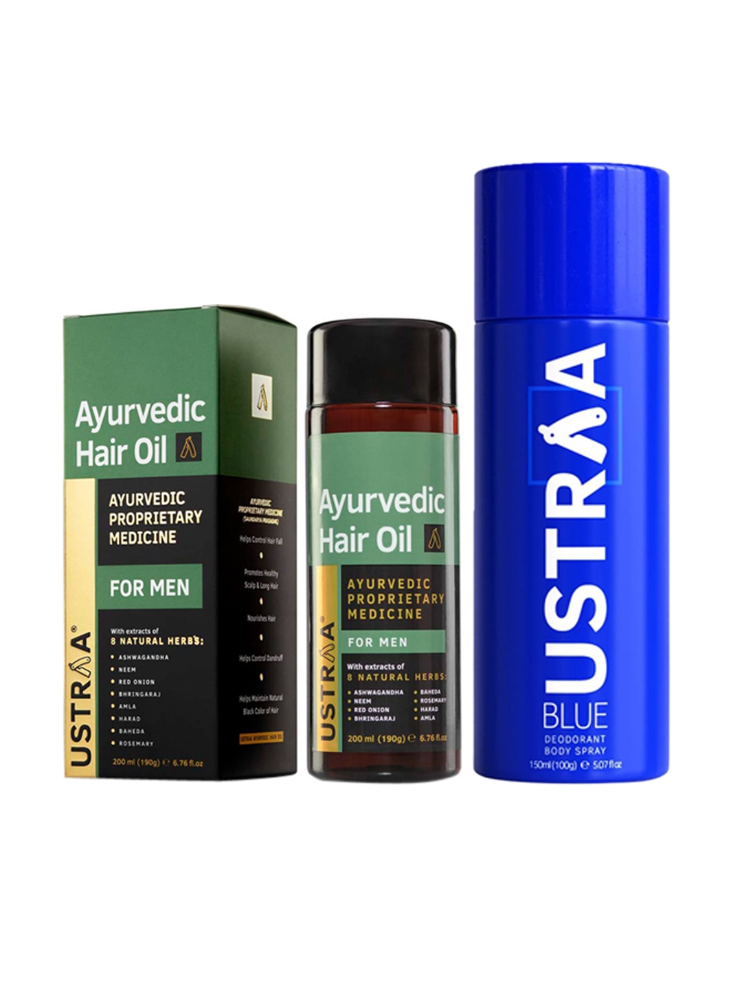 

Ustraa Men Ayurvedic Hair Oil & Blue Deodorant Spray, Transparent