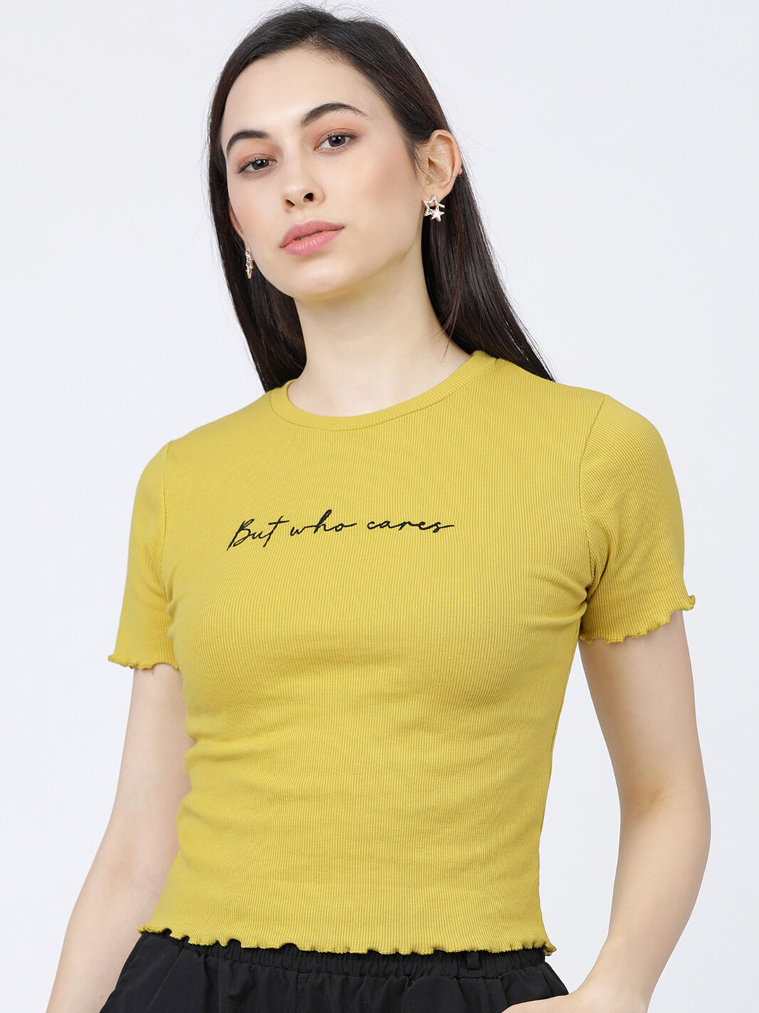 

Tokyo Talkies Women Yellow Regular Knitted Crop Top