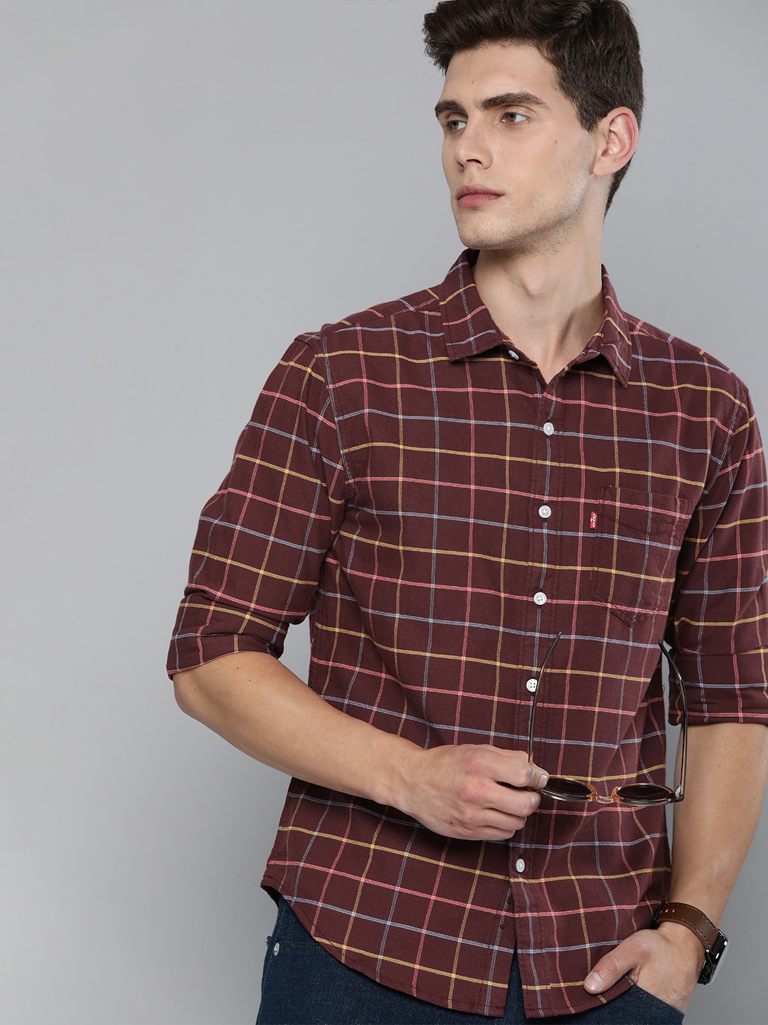 

Levis Men Maroon & Yellow Slim Fit Opaque Checked Casual Shirt