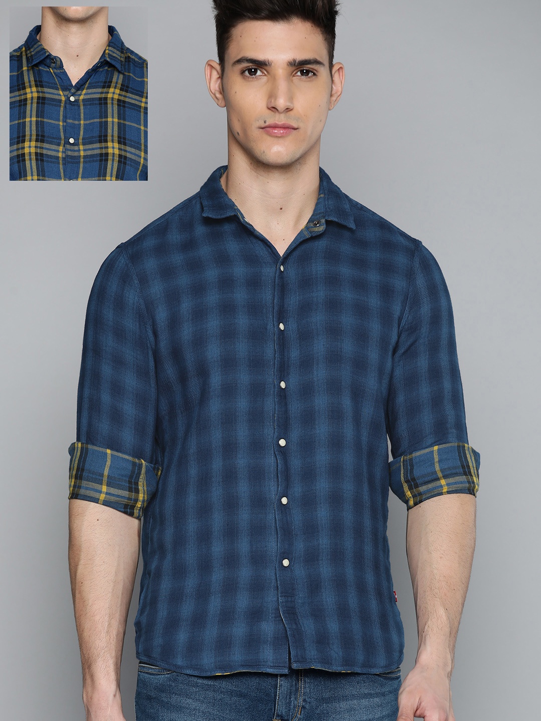 

Levis Men Blue & Mustard Yellow Cotton Checked Reversible Casual Shirt