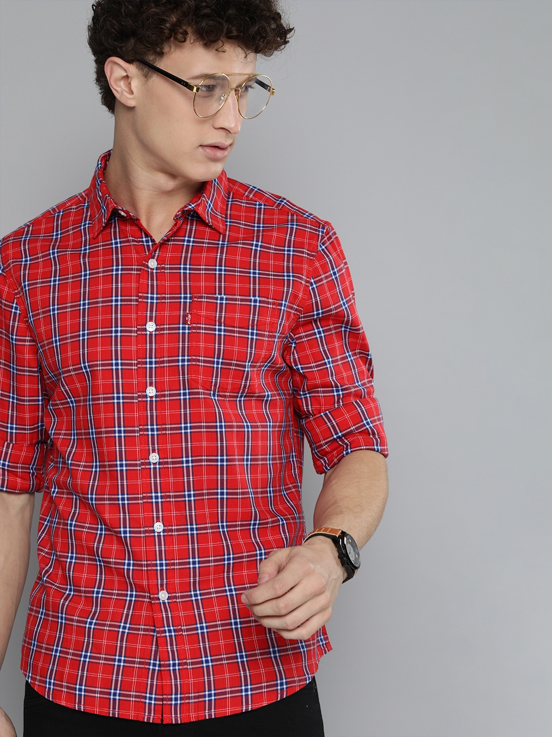 

Levis Men Red Tartan Checked Opaque Slim Fit Pure Cotton Casual Shirt