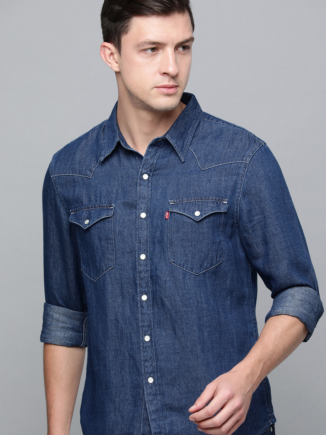 

Levis Men Blue Solid Denim Pure Cotton Slim Fit Casual Shirt