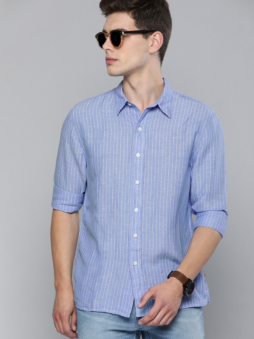 

Levis Men Blue Slim Fit Striped Pure Cotton Casual Shirt