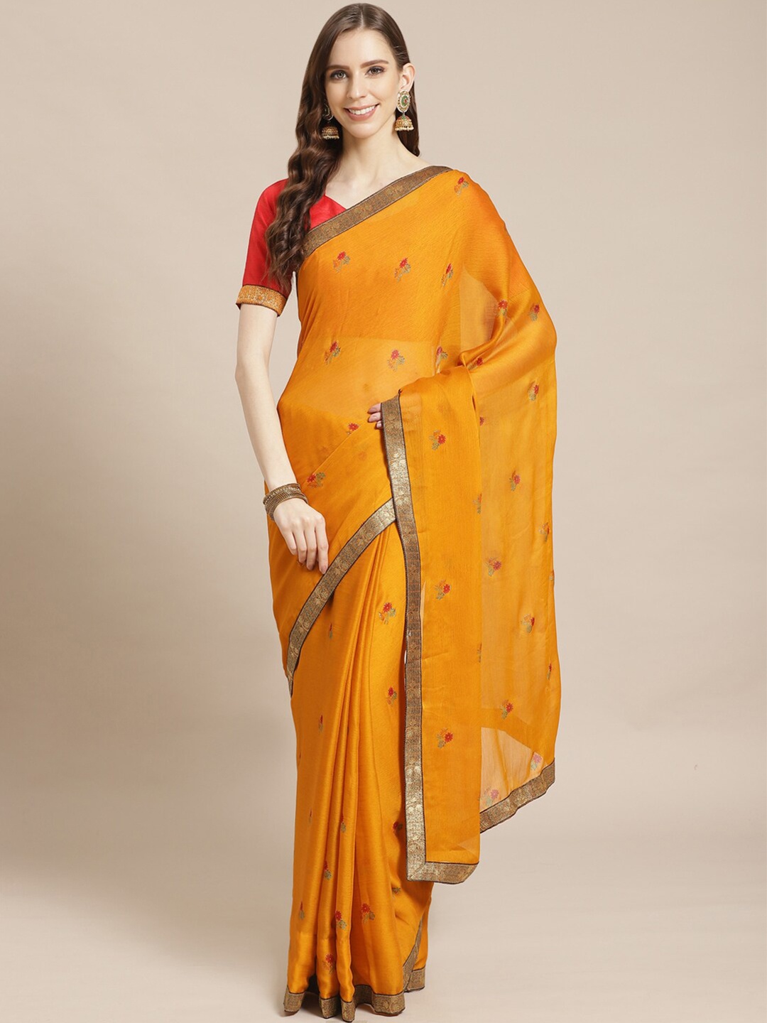 

Libas Yellow & Red Floral Pure Chiffon Fusion Saree