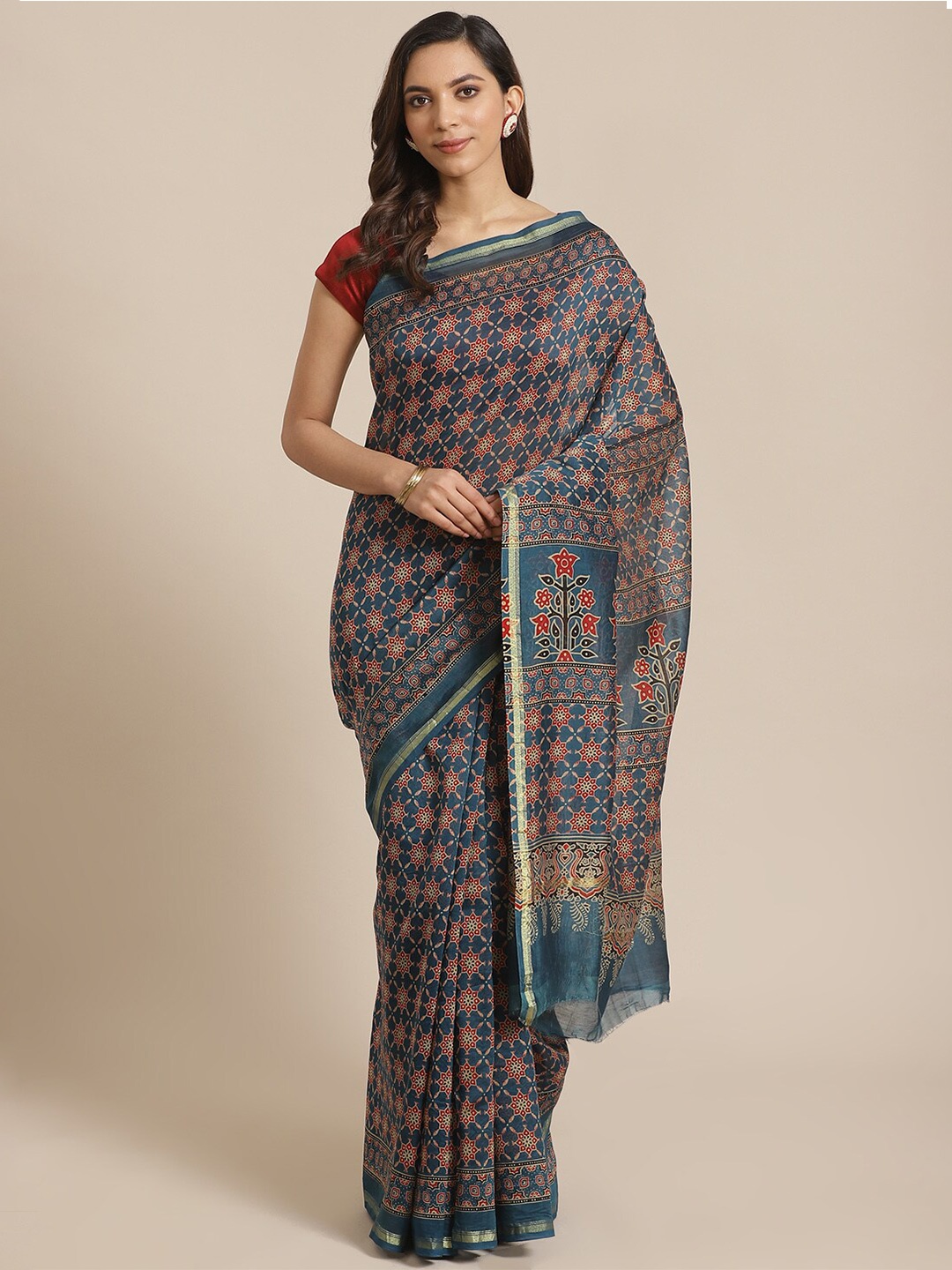 

Libas Navy Blue & Red Ethnic Motifs Printed Silk Cotton Fusion Saree