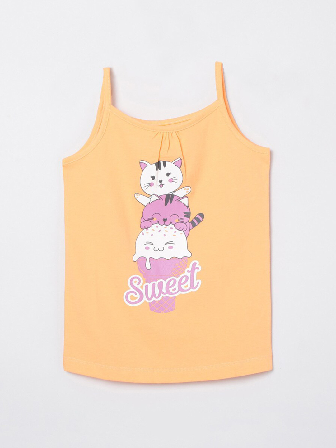 

max Girls Orange Pure Cotton Graphic Printed Tank Top