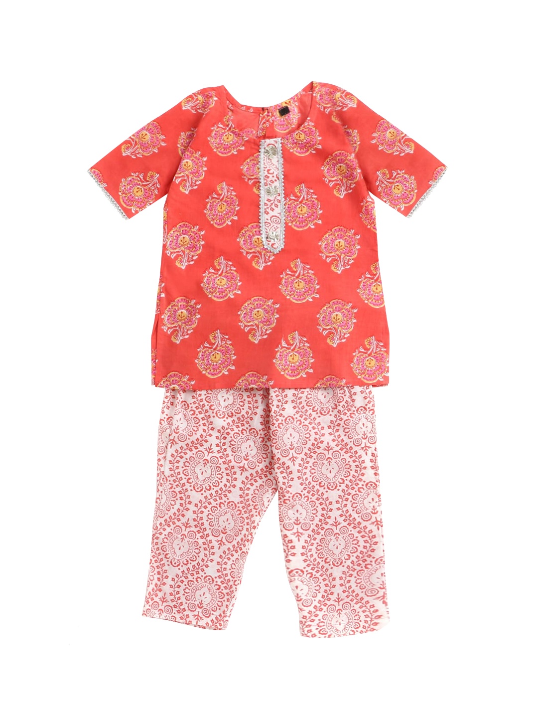 

The Magic Wand Girls Red Floral Printed Pure Cotton Kurti with Salwar