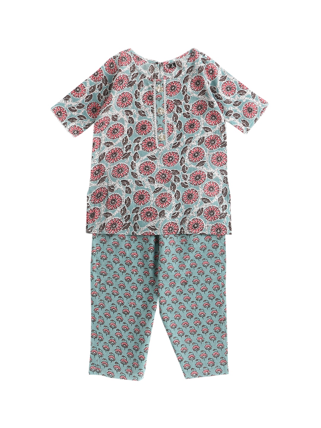 

The Magic Wand Girls Green Floral Printed Pure Cotton Kurta with Trousers