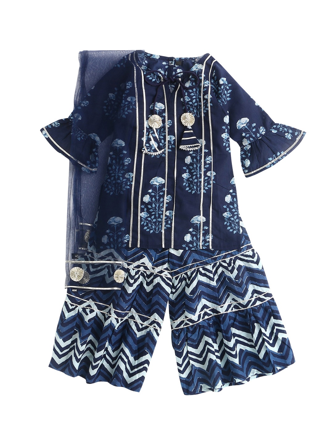 

The Magic Wand Girls Blue Tribal Printed Pure Cotton Kurti with Palazzos & With Dupatta
