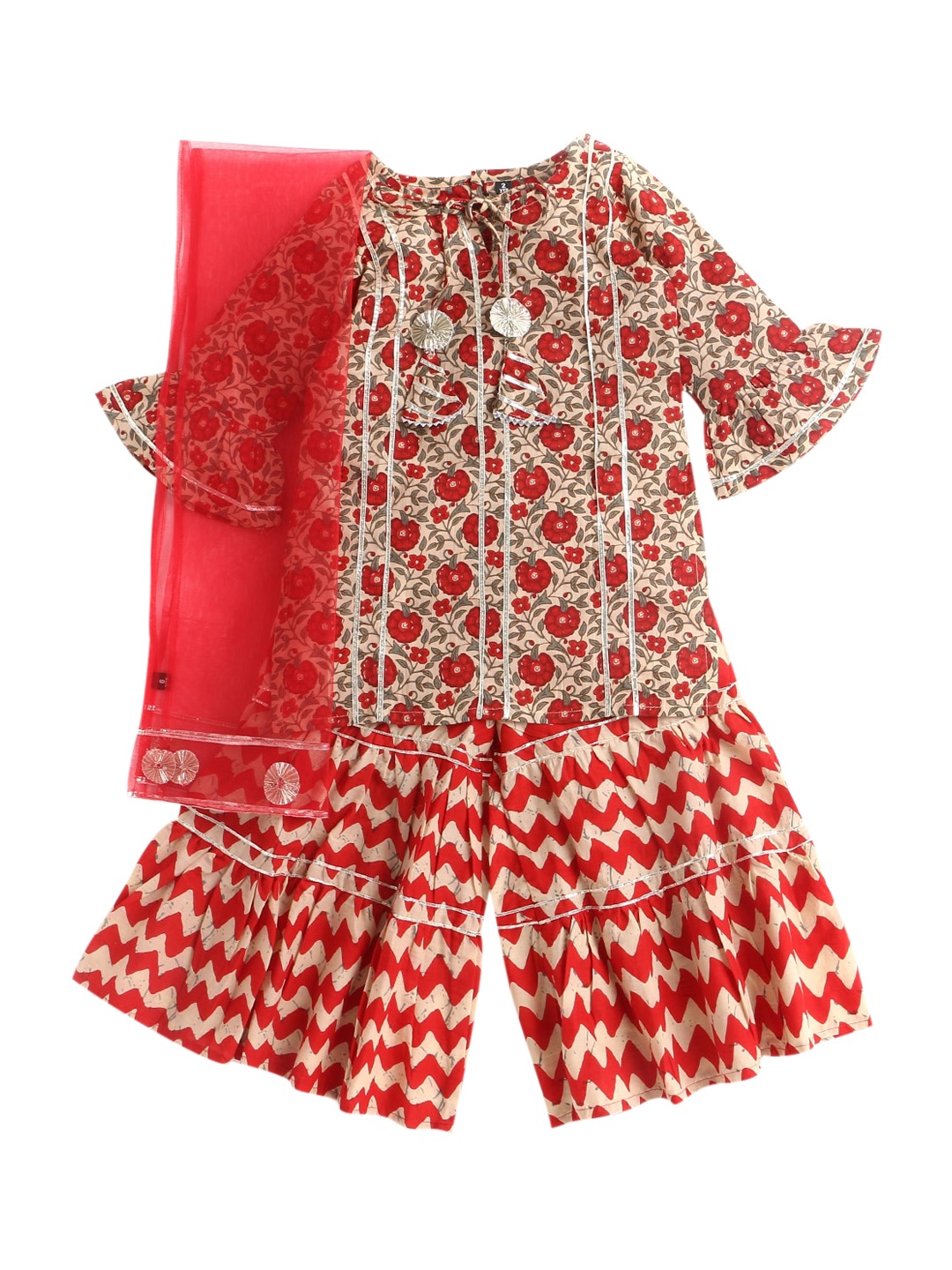 

The Magic Wand Girls Red Floral Printed Pure Cotton Kurti with Palazzos & With Dupatta