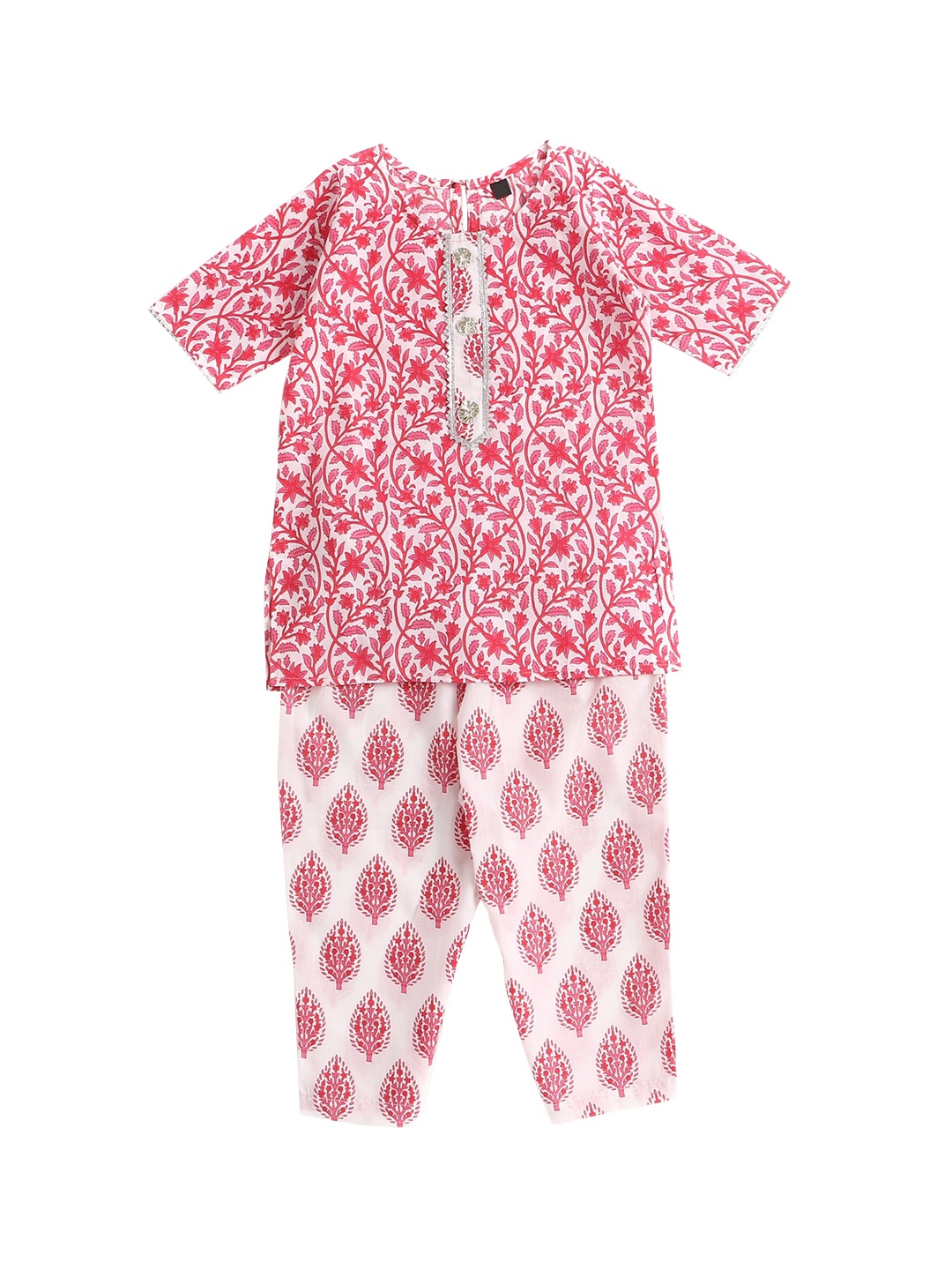 

The Magic Wand Girls Pink Floral Printed Pure Cotton Kurta with Trousers