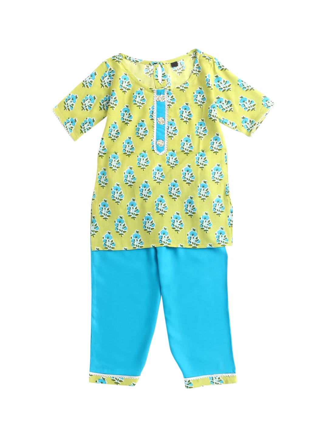 

The Magic Wand Girls Yellow Floral Printed Kurti with Trousers