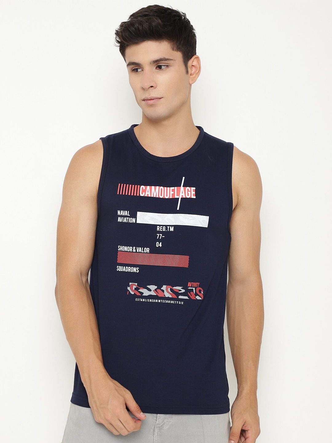 

CHKOKKO Men Navy Blue Typography Printed Sleeveless T-shirt