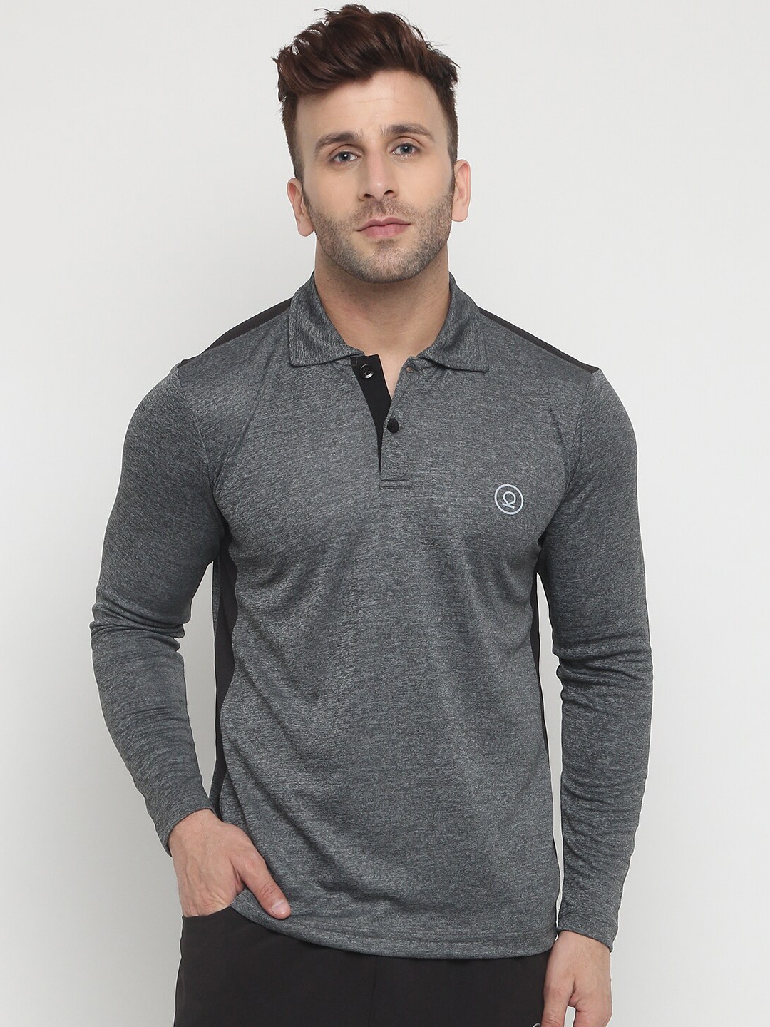 

CHKOKKO Men Grey Melange & Black Polo Collar Dri-FIT Sports T-shirt