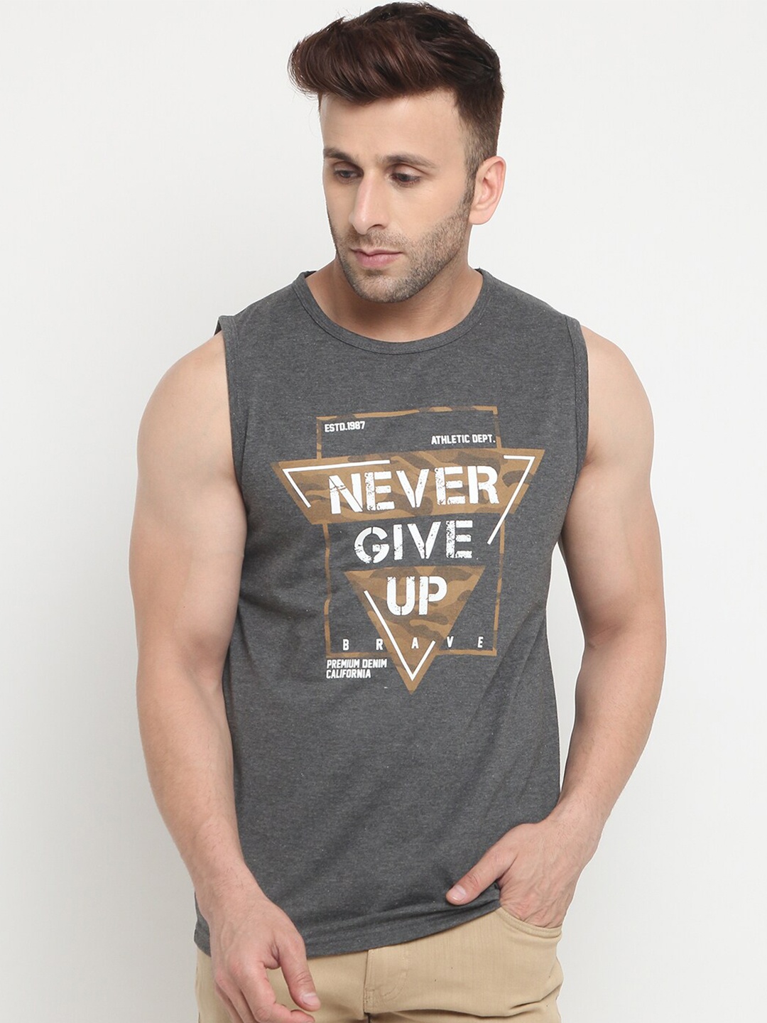 

Chkokko Men Grey Melange & Beige Typography Printed Dri-FIT Training or Gym T-shirt