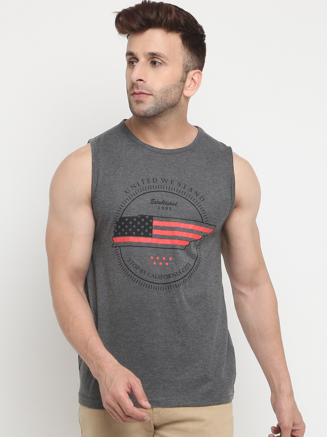 

CHKOKKO Men Grey Melange Typography Printed T-shirt