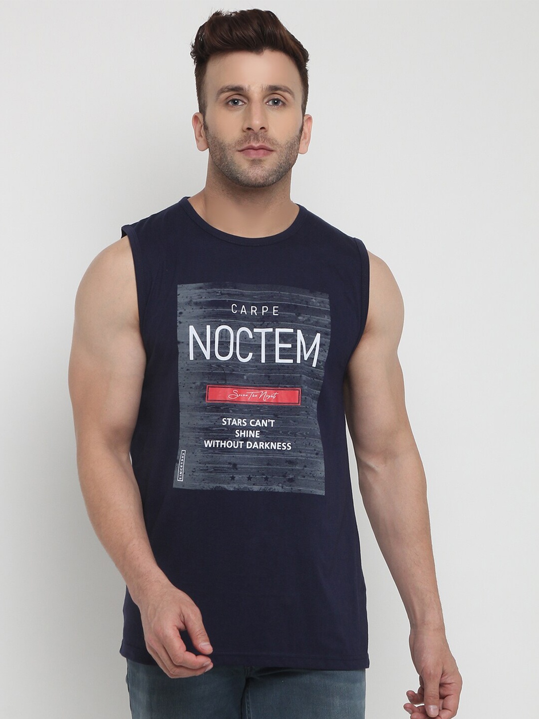 

CHKOKKO Men Navy Blue Typography Printed Sleeveless T-shirt