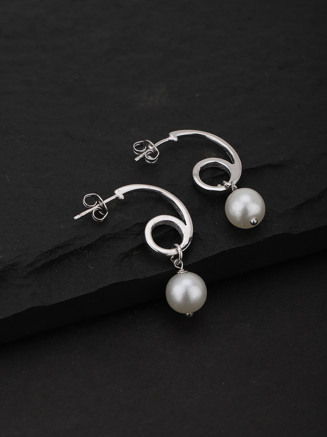 

Carlton London Off-White & Silver-Toned Rhodium-Plated Beaded Contemporary Drop Earrings