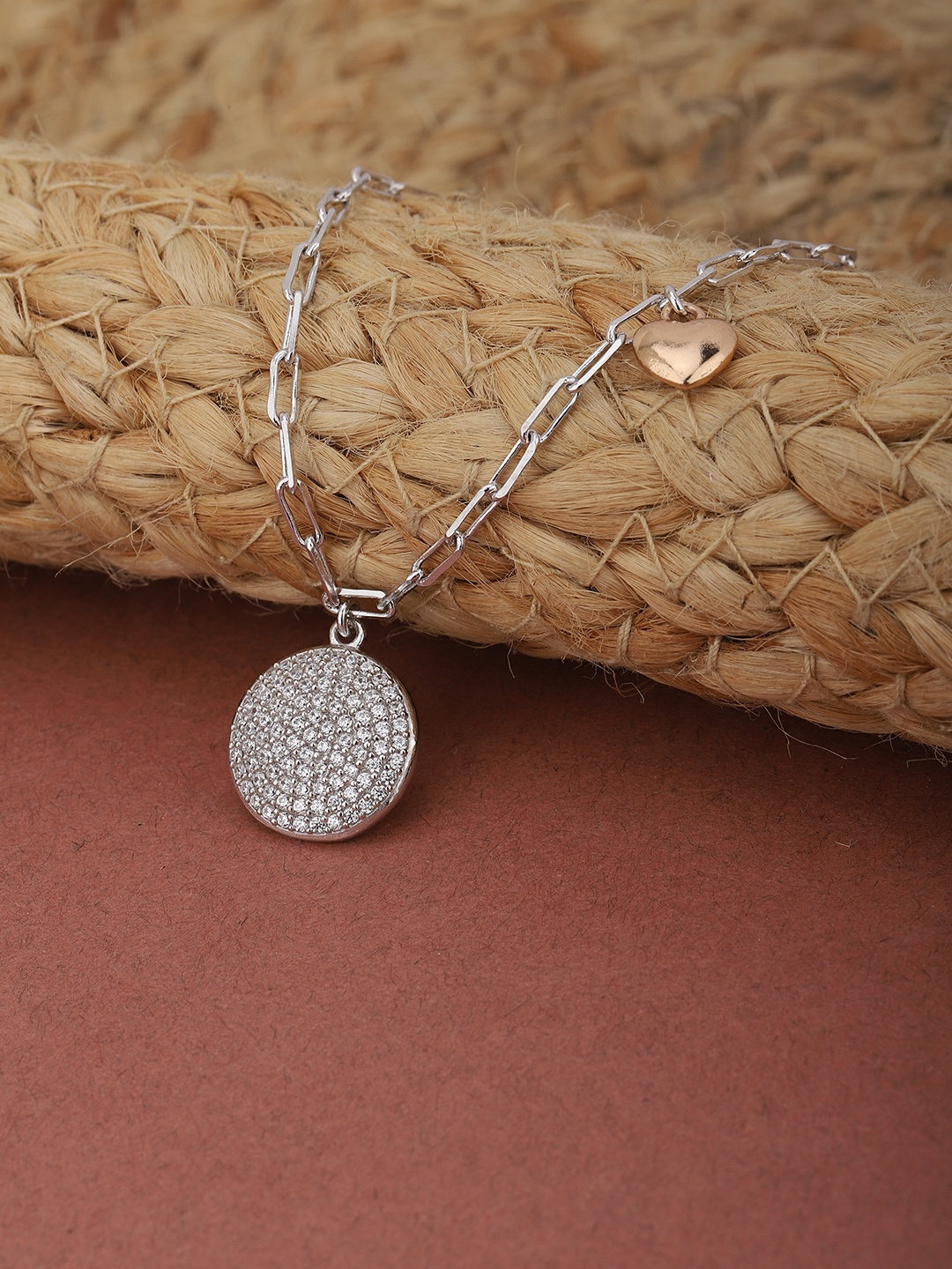 

Carlton London Silver-Toned & Rose Gold-Toned Rhodium-Plated CZ Studded Link Chain