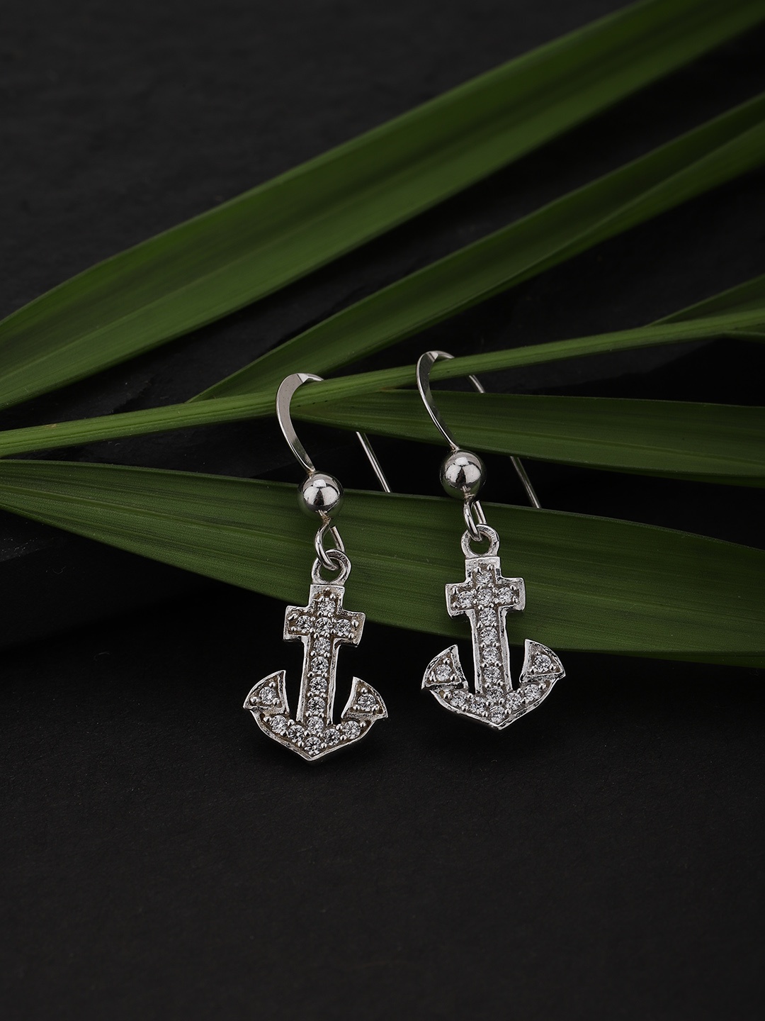 

Carlton London Silver-Toned Rhodium-Plated Stone-Studded Anchor Shaped Drop Earrings