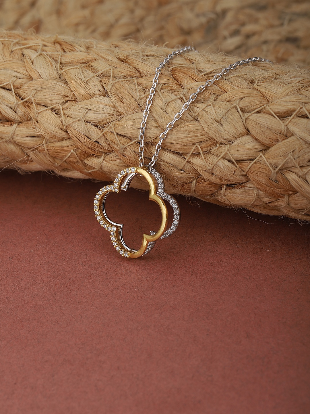 

Carlton London Silver-Toned & Gold-Toned Rhodium-Plated CZ Studded Pendant with Chain