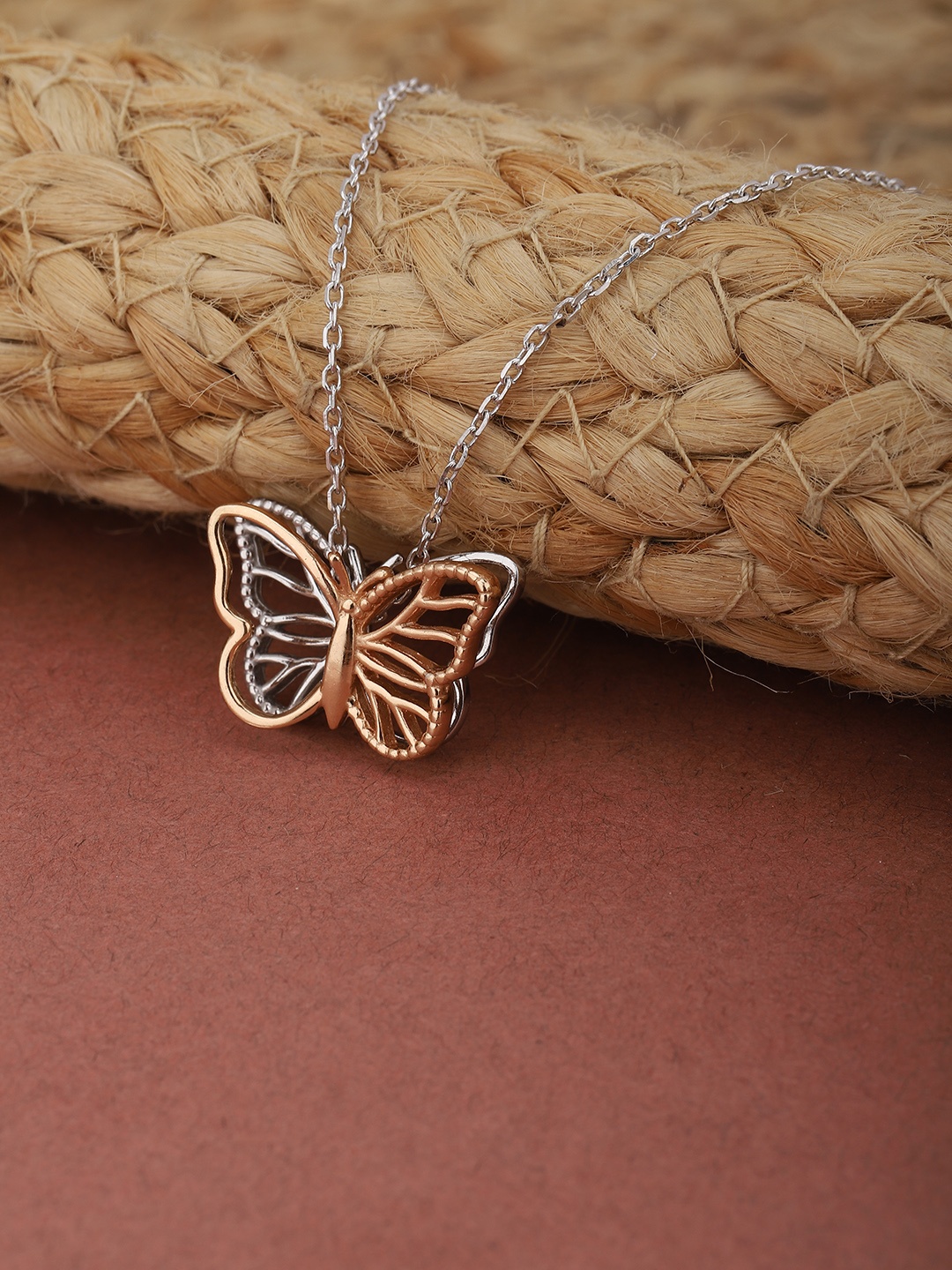 

Carlton London Rose Gold-Toned & Silver-Toned Rhodium-Plated Butterfly Pendant with Chain