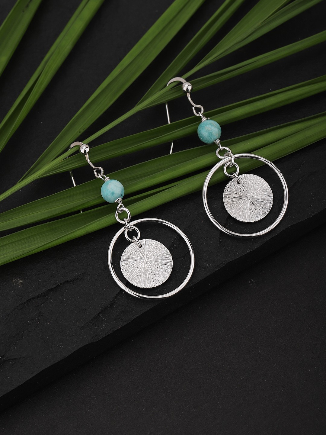 

Carlton London Blue & Silver-Toned Rhodium-Plated Beaded Circular Drop Earrings