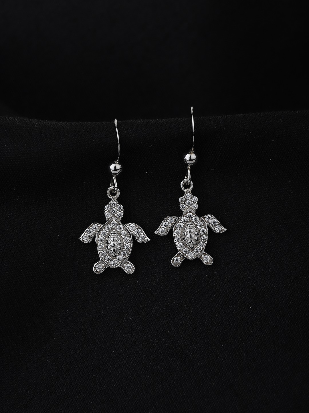 

Carlton London Silver-Toned Rhodium-Plated Stone-Studded Turtle Shaped Drop Earrings