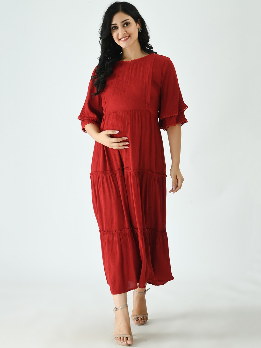 

Aaruvi Ruchi Verma Women Red Maternity Tiered Maxi Dress