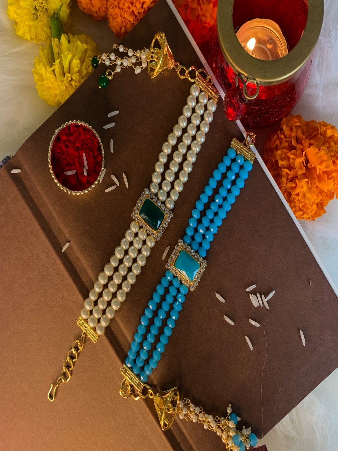 

I Jewels Pack Of 2 Embellished Pearl Beaded Rakhi, Blue
