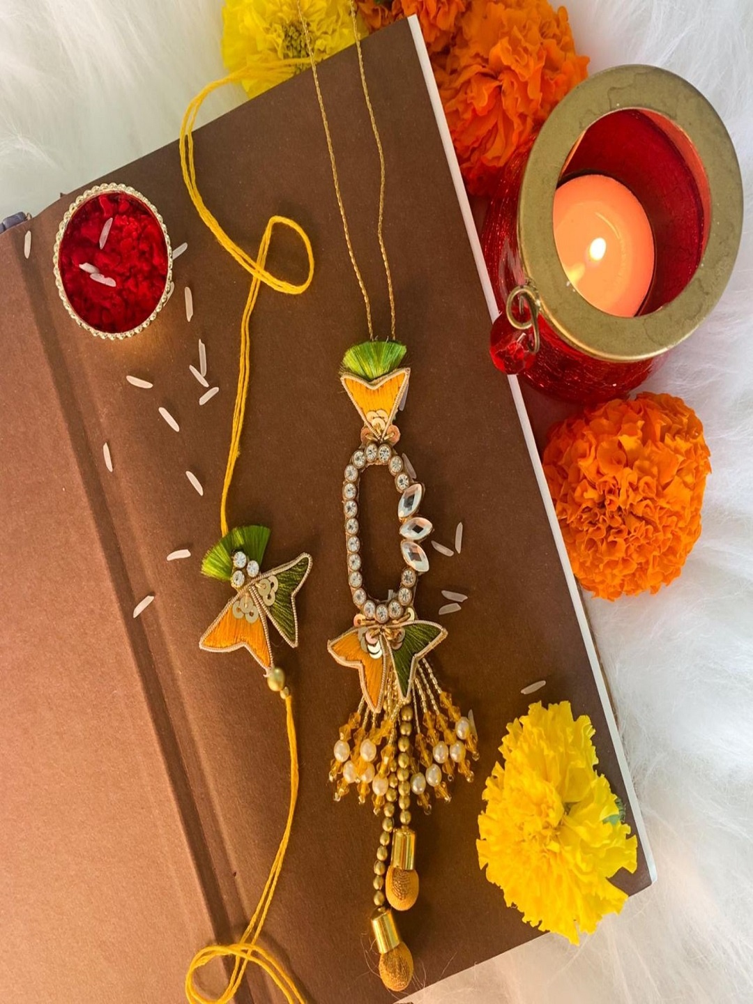 

I Jewels Pack of 2 Kundan Studded Bhaiya Bhabhi Rakhi Gift Set, Yellow