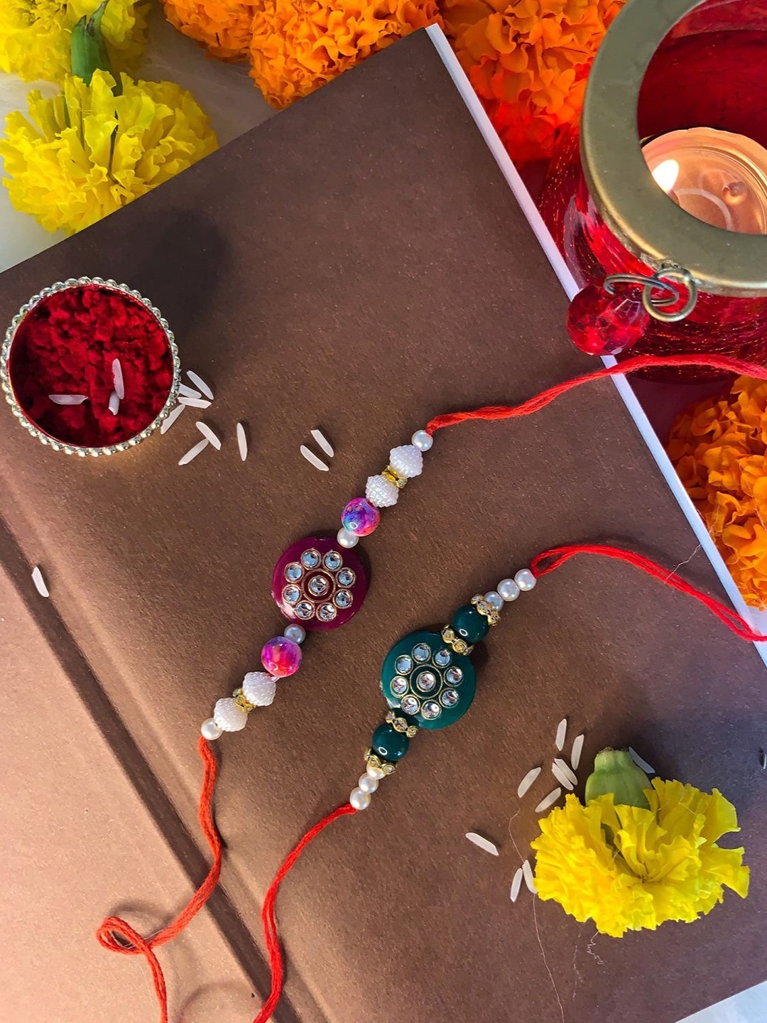 

I Jewels Pack of 2 Kundan Studded & Beaded Rakhis, Maroon
