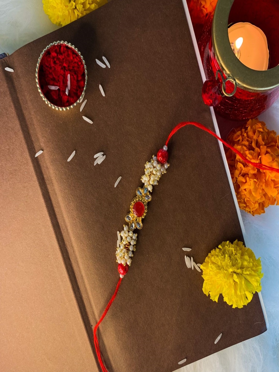

I Jewels Men Gold-Toned & Red Studded & Beaded Rakhi