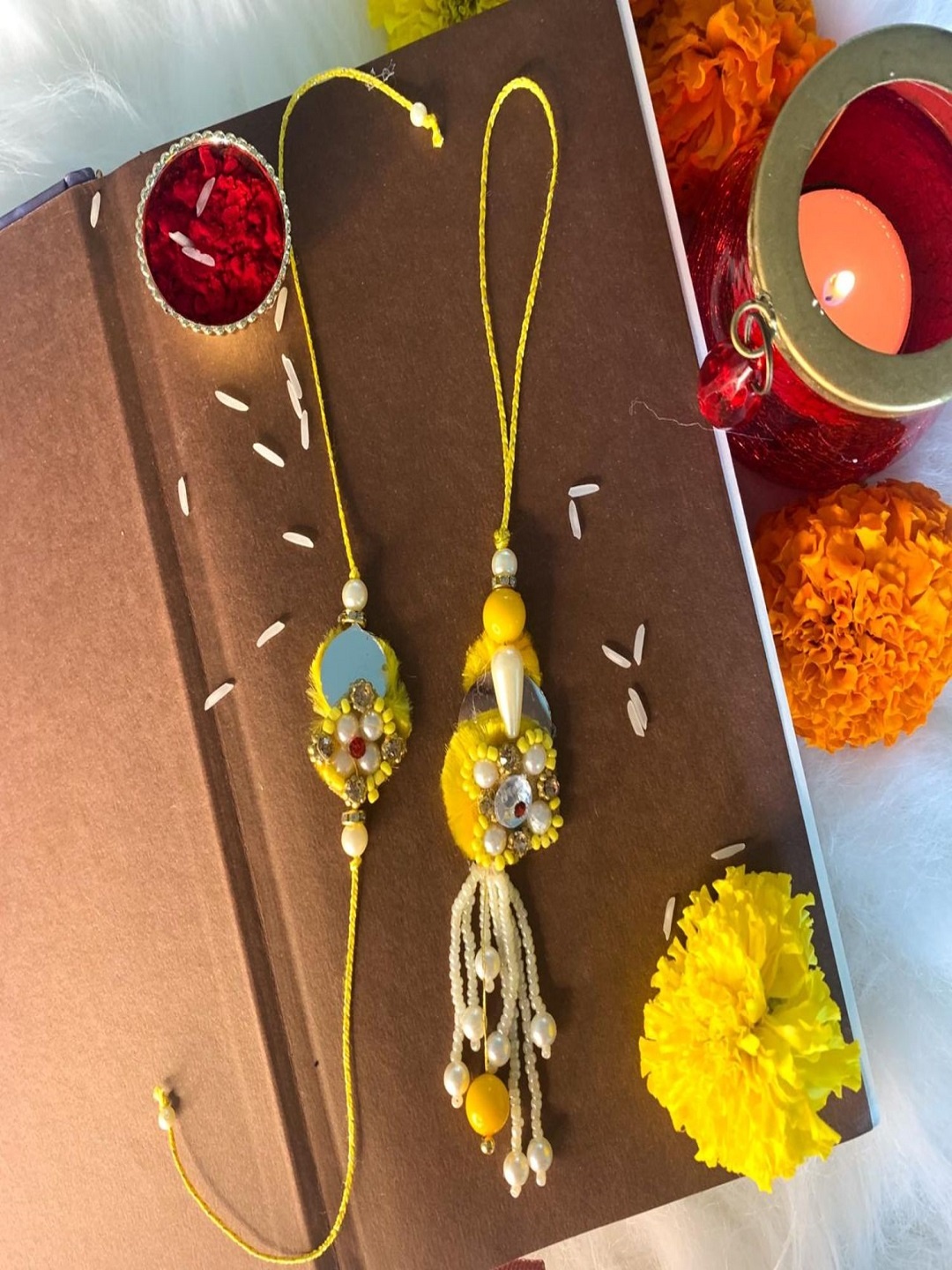 

I Jewels Set of 2 Yellow Pearl Studded & Beaded Bhaiya Bhabhi Rakhis