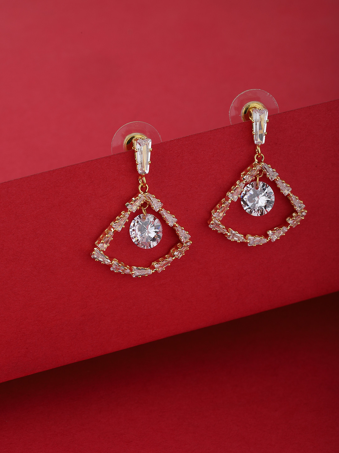 

Carlton London Gold-Plated Stone Studded Triangular Drop Earrings