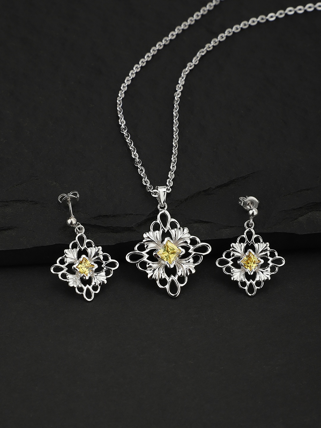 

Carlton London Yellow & Silver-Toned CZ-Studded Jewellery Set