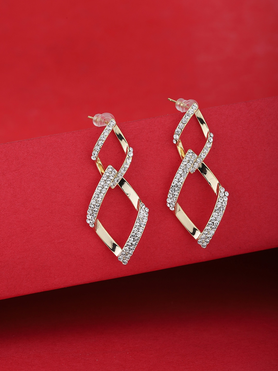 

Carlton London Gold-Plated Stone-Studded Diamond Shaped Drop Earrings