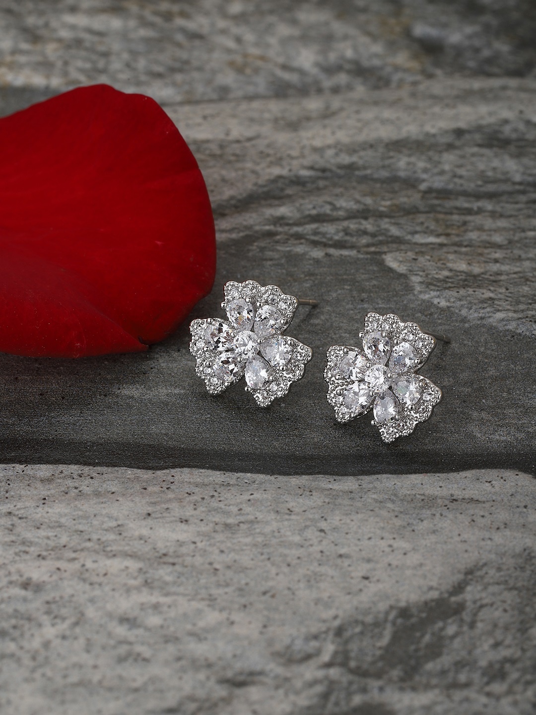 

Carlton London Silver-Toned Rhodium-Plated Stone-Studded Floral Studs