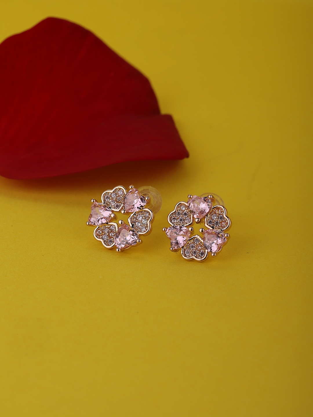

Carlton London Pink Rose Gold-Plated Stone Studded Heart Shaped Studs